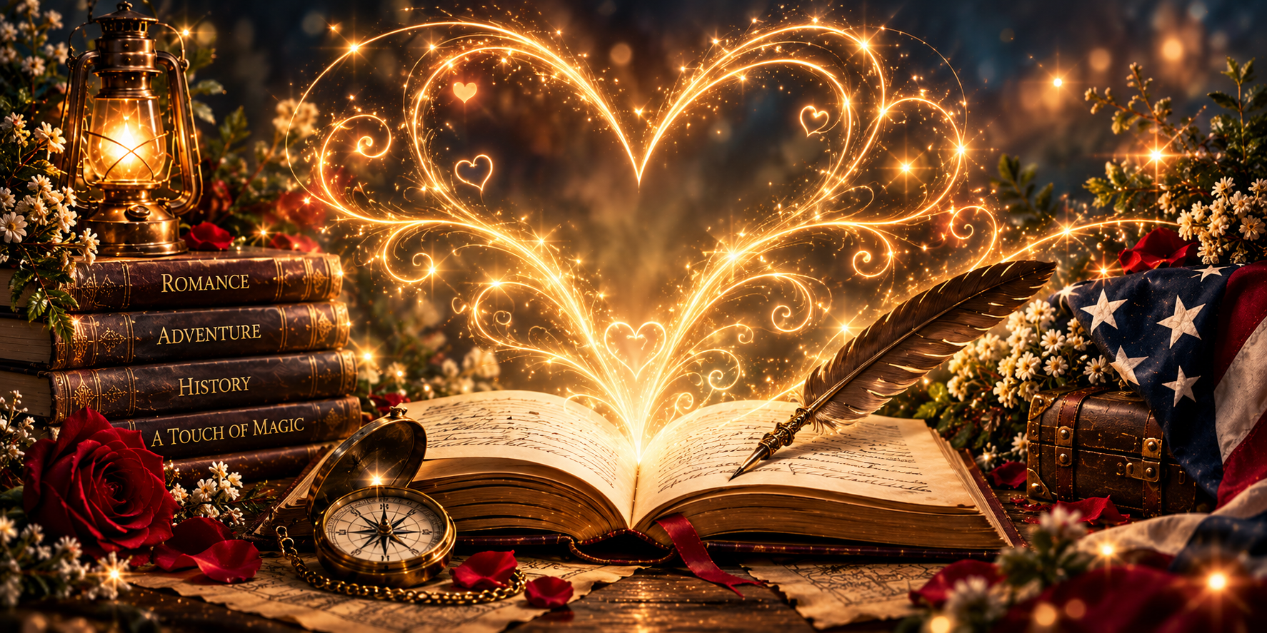 An open antique book releasing a glowing heart of golden light, surrounded by stacked romance novels, a lantern, a quill pen, a compass, and an American flag
