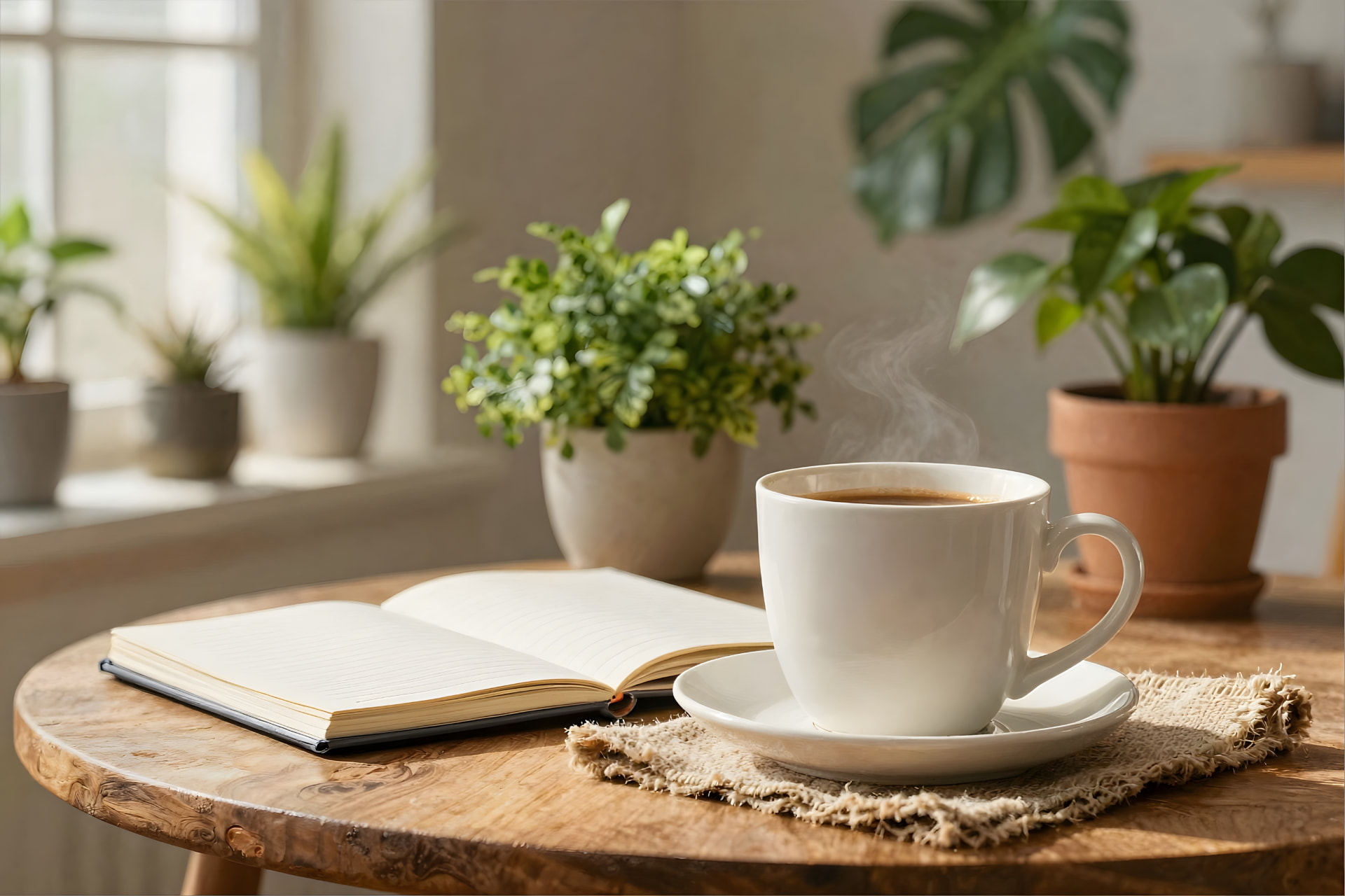 A steaming cup of coffee beside an open journal on a wooden table, bathed in soft window light